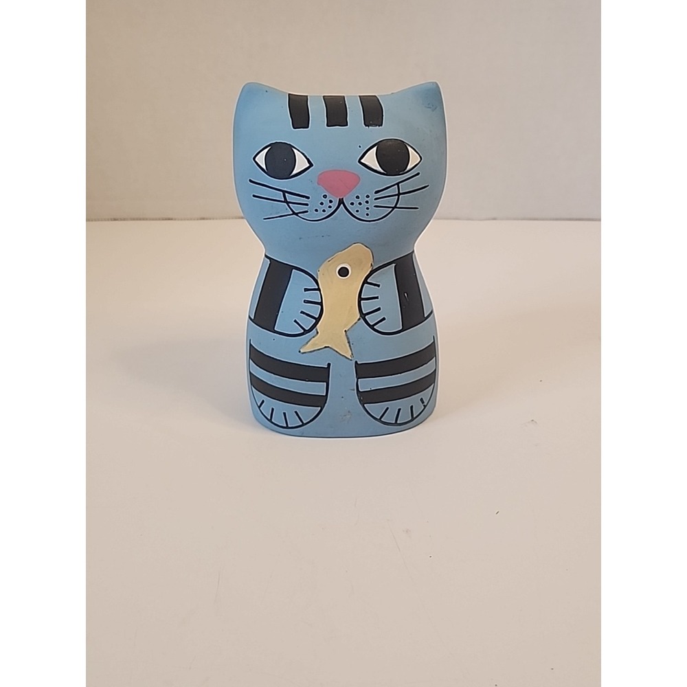 Vintage Ceramic Blue Kitty Cat Money Bank‎ 5.25" X 3.5"